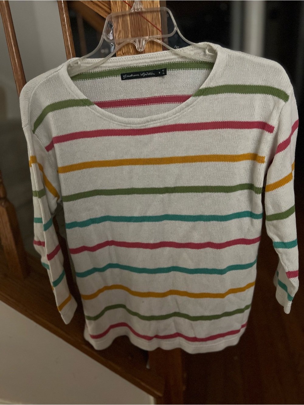 Gudrun Sjoden Cream Crewneck Sweater with Pink, Green, Teal & Gold Stripes
